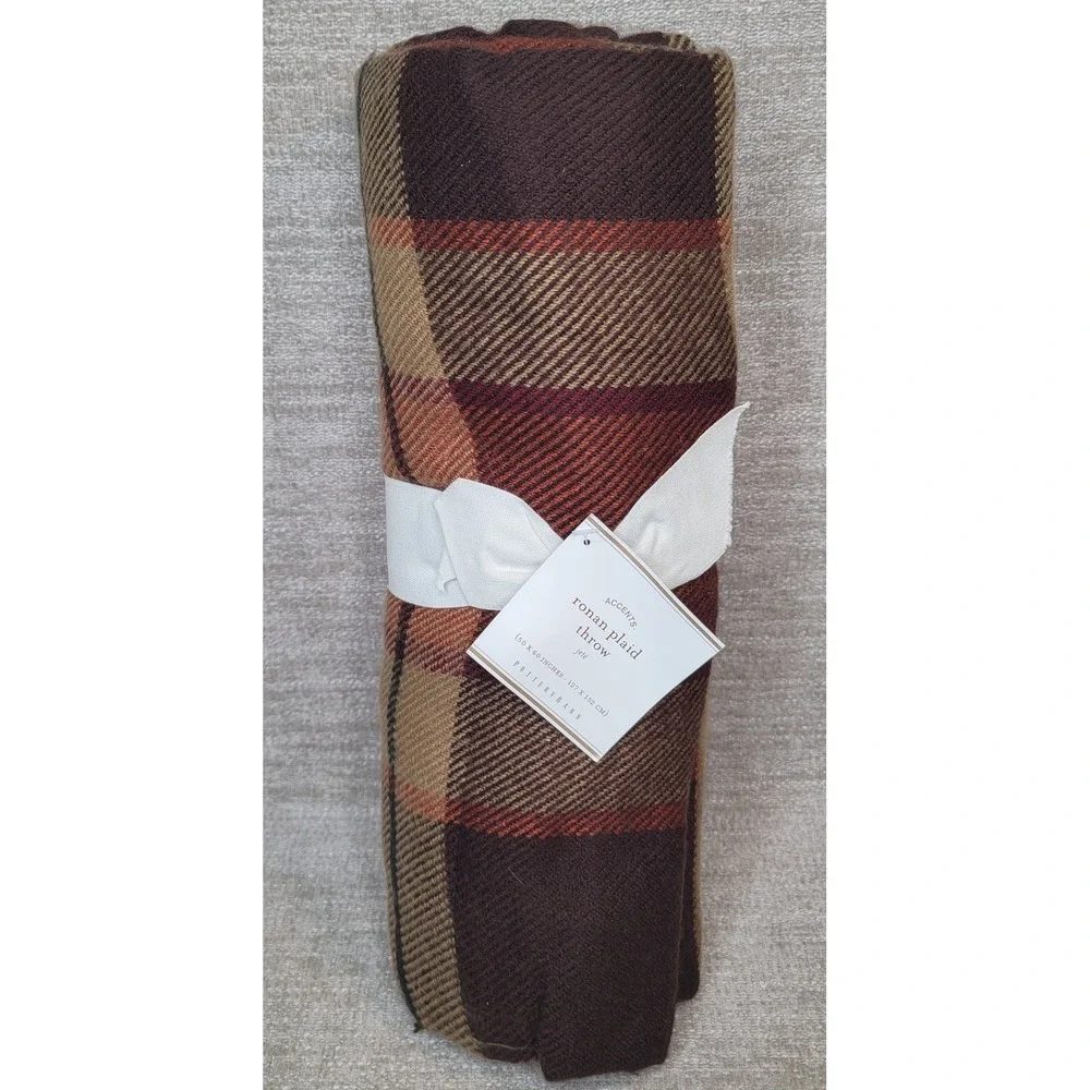 Pottery Barn Ronan Plaid Throw Blanket Brown Tan Orange 50x60 NEW w Tags Fall